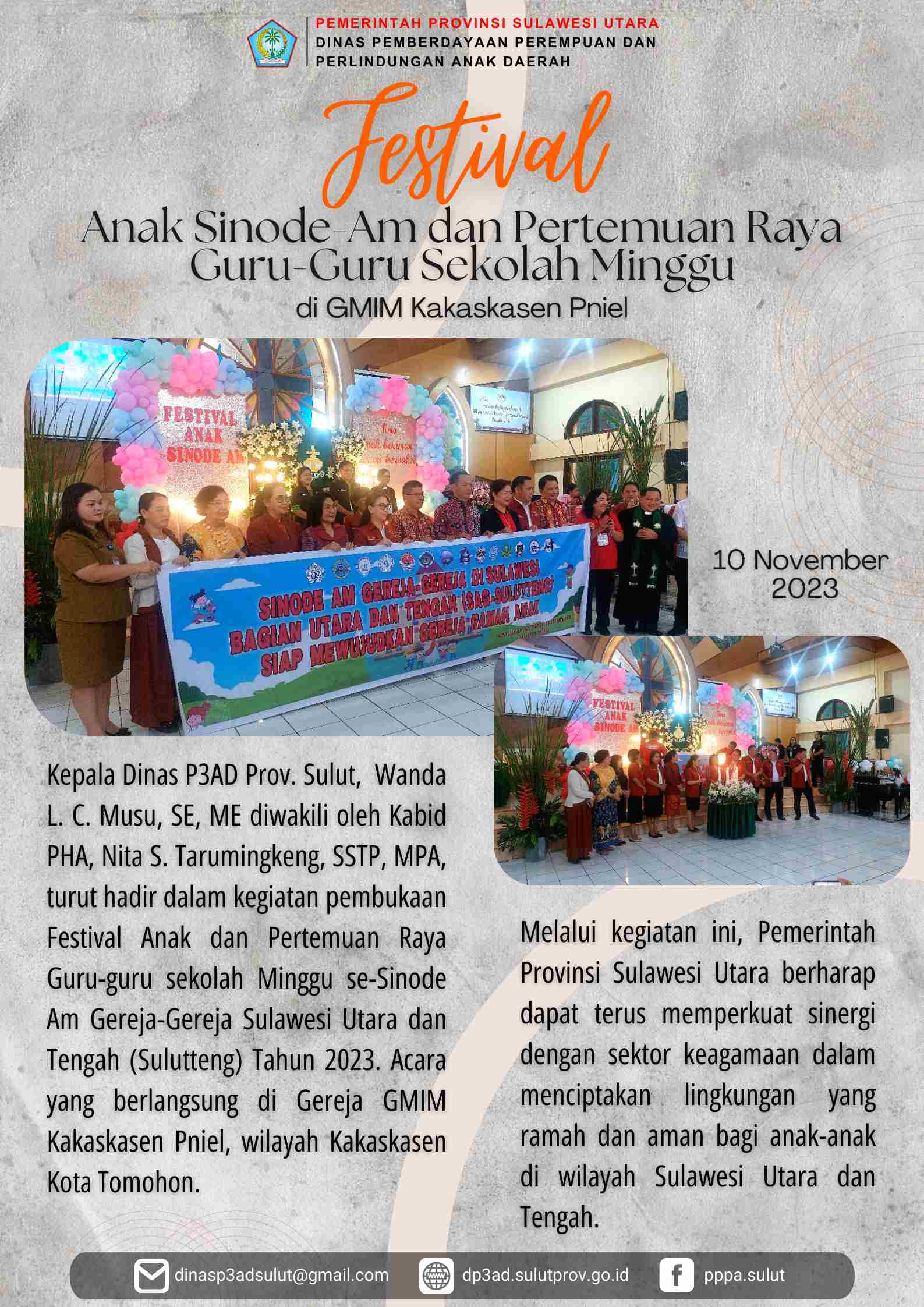Festival Anak Sinode-Am dan Pertemuan Raya Guru-Guru Sekolah Minggu di GMIM  Kakaskasen Pniel, Dinas Pemberdayaan Perempuan dan Perlindungan Anak  Daerah Provinsi Sulawesi Utara